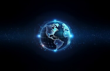 Fototapeta premium A glowing blue and white globe with a grid pattern and a dark blue background with light scattered particles.