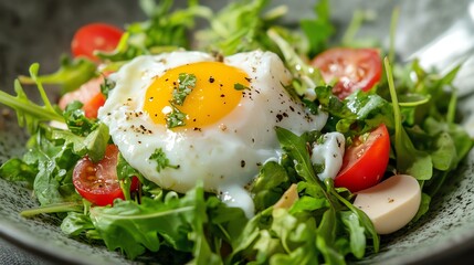 A poached egg on top of a salad with cherry tomatoes.