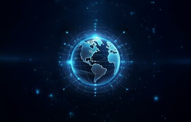 Naklejka premium A digital globe surrounded by a glowing blue ring and connected by lines.