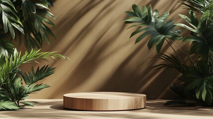 Tropical paradise meets modern minimalism: wooden circular platform surrounded by lush green foliage, dramatic shadows cast on warm beige background, perfect for product display.