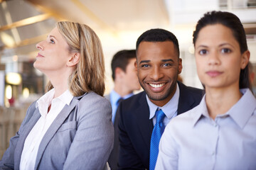 Seminar, office and portrait of business people with diversity, smile and audience at corporate meeting. About us, group and happy team in conference with confidence, pride and support at workshop