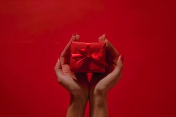 Manos de mujer con regalo rojo sobre fondo rojo.