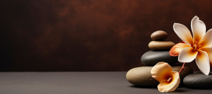Imagen zen con piedras de r&iacute;o y flores ex&oacute;ticas.