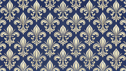 Abstract vintage wallpaper with intricate pattern fleur-de-lis , beige lilies on blue background