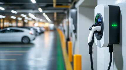 Charging an electric car in a parking lot with blurred background. Copy space.