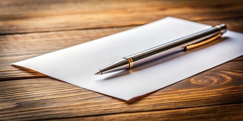 Pen and paper on wooden table close-up macro