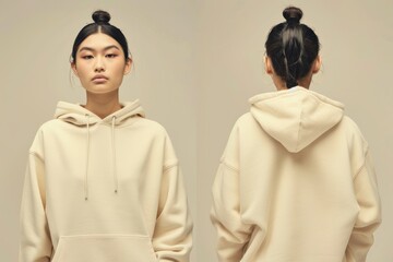 Blank cream hoodie mockup clothing apparel woman.