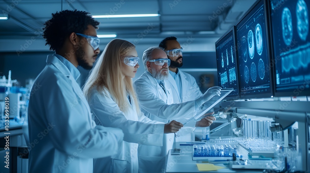 Poster scientists analyzing medical data on monitors in a laboratory