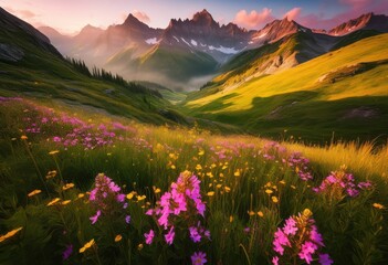 Fototapeta premium majestic mountain peaks bathed golden morning light illuminating surrounding landscape, adventure, altitude, beauty, breathtaking, cliffs, composure
