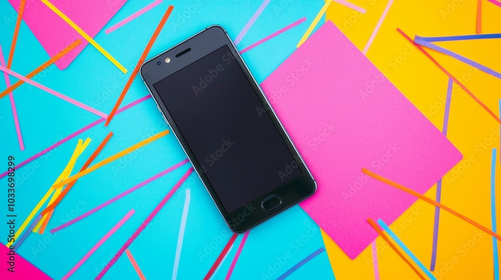 Poster cell phone is shown on a colorful background with abstract lines