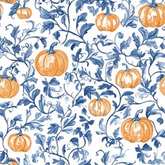 halloween pattern of pumpkins with orange and blue leaves