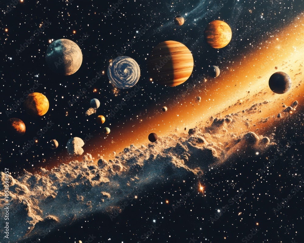 Aufkleber A star system with all the planets and moons revolving around it, with stars and nebulae in the background