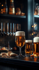 Subjective View of Beer Glasses on Black Wooden Table