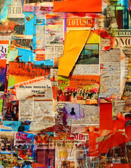 Fototapeta premium A collage of newspaper clippings, images, and text fragments, creating a chaotic yet intriguing composition. Generative AI.