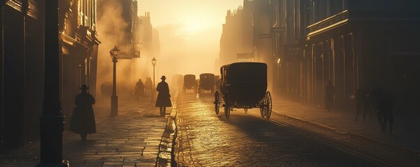 Silhouettes walk a foggy, cobbled street. © jambulart