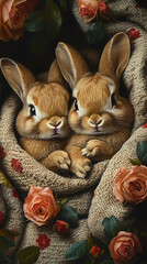Two Adorable Rabbit Cubs Nestled in a Blanket with Roses