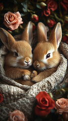 Two Adorable Rabbit Cubs Nestled in a Blanket with Roses