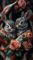 Two Adorable Rabbit Cubs Nestled in a Blanket with Roses