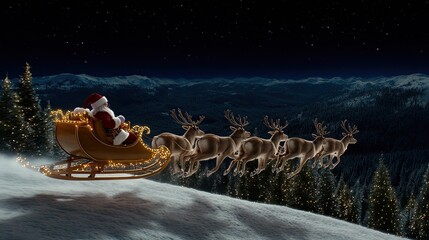 Santa Claus rides in his sleigh, soaring over majestic snowy mountains at night, surrounded by warm light that enhances the magical Christmas atmosphere