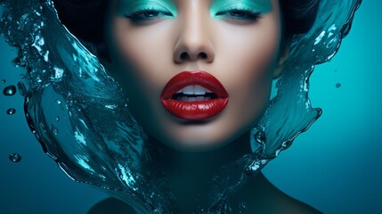 Woman face in glowing blue makeup paint. Neural network ai generated art