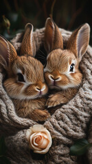 Two Adorable Rabbit Cubs Nestled in a Blanket with Roses