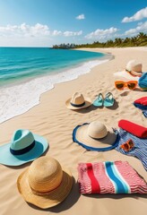 vibrant travel gear displayed sunlit beach backdrop clear blue sky, accessories, bag, backpack, bright, colors, colorful, design, equipment, essential