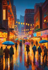 vibrant urban streetscape capturing dynamic city life colorful reflections wet surfaces, scene, bright, colors, pavement, textures, lighting, architecture