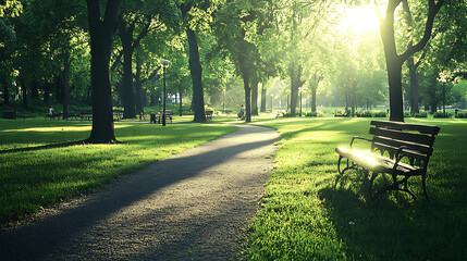 Sunny Park with Lush Greenery and Peaceful Atmosphere