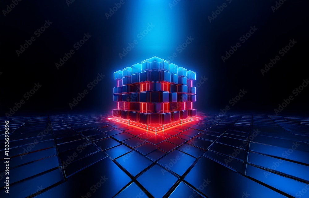Poster a 3d cube structure made of blue blocks illuminated by a red light, standing on a reflective blue su
