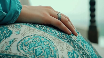 Obraz premium Elegant Hand on Decorative Fabric with Ring Detail