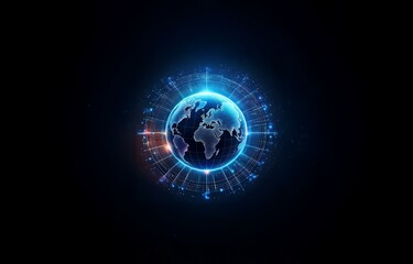 Obraz premium A glowing blue globe with a grid pattern and a swirling, blue and red, abstract background.
