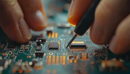 Technician repairing electronic circuit board. Concept of computer repair, electronics service and technology.