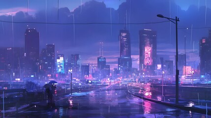Fototapeta premium A rainy cityscape at dusk, where neon lights from nearby buildings shimmer on the wet pavement, and the distant sound of thunder echoes through the sky.