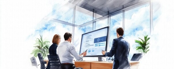 Watercolor painting of a modern office with businesspeople collaborating on a digital display, modern office, collaboration, technology in business