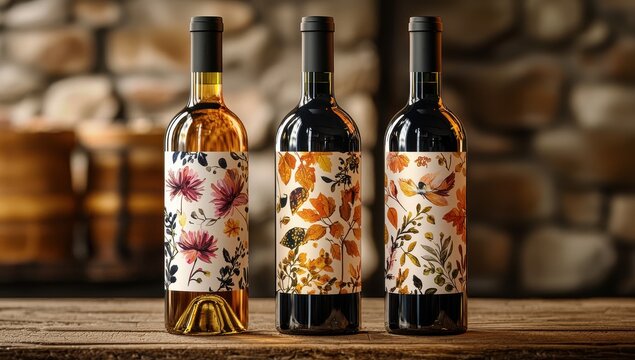 Three wine bottles with autumn themed labels on a wooden table against a stone wall background. Concept of Autumn, wine, harvest, celebration.