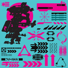 cyberpunk y2k 2000s gaming futuristic icon pattern  set collection template hud for branding fashion t-shirt decoration decals, 2d illustration rendering vector 