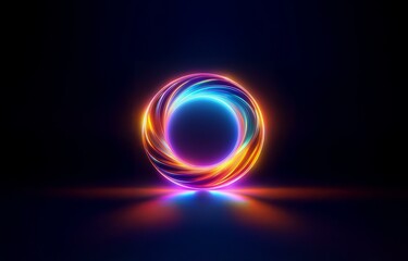 A vibrant, swirling neon ring with a glowing center stands out against a dark background.