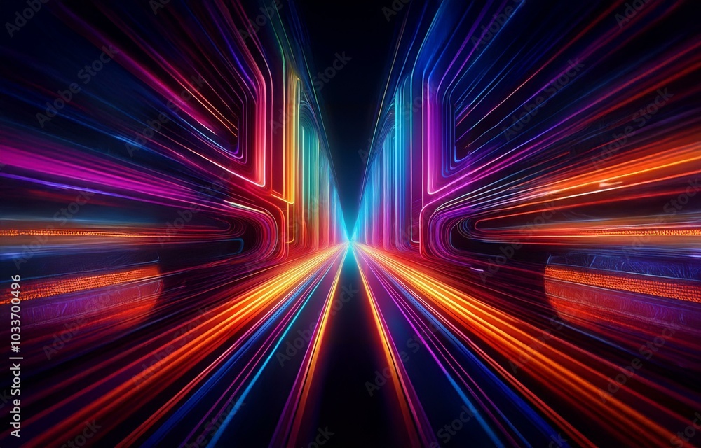 Poster abstract digital art with lines of light in multiple bright colors creating an illusion of depth and