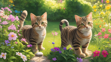 Illustration beautiful very cute young tabby cat playing in a flowers garden and grass high quality background.