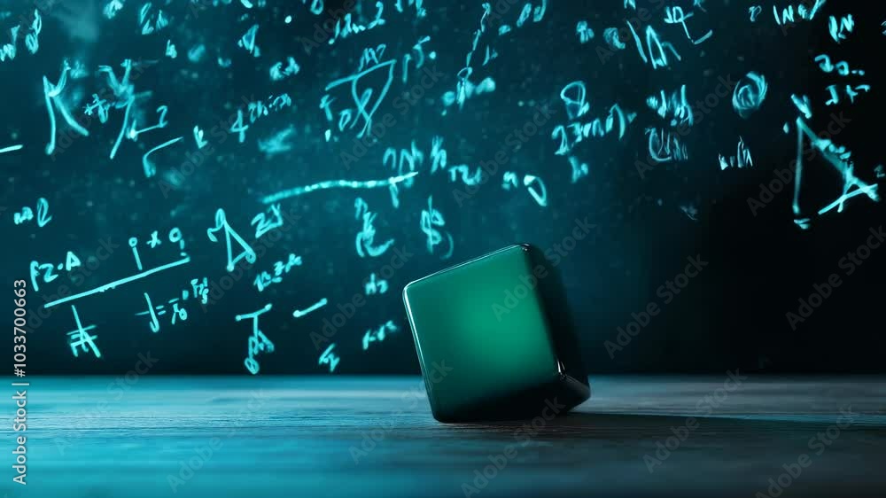 Poster exploring metallic cube on wooden surface journey through glowing mathematical equations and symbols