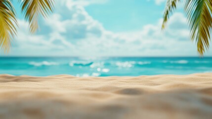 Obraz premium Golden sand beach with palm leaves framing a tranquil turquoise ocean view, AI