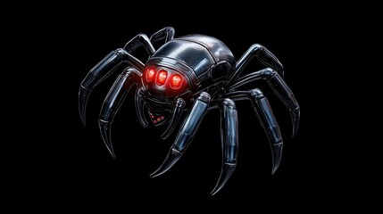 A futuristic robotic spider with glowing red eyes, set against a black background.