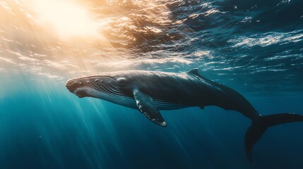 Naklejka premium A humpback whale swims through the clear blue water of the ocean.