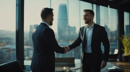 Two Businessmen Shake Hands in a Modern Office