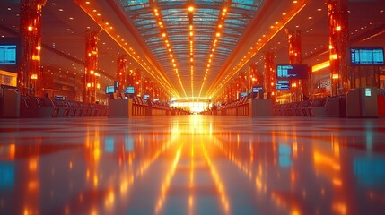 Fototapeta premium Modern airport interior with vibrant lighting.