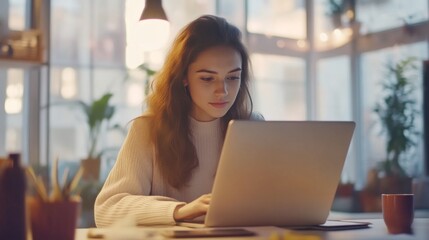 Focused Woman Working on Laptop at Desk in Office