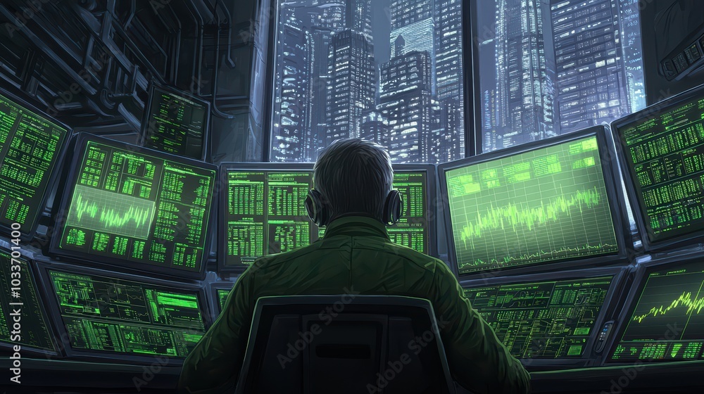 Poster a person monitors multiple screens in a high-tech environment full of data and city lights at night.