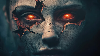 A close-up of a ghostly face, its hollow, glowing eyes staring blankly, the decayed and cracked skin revealing the horror beneath, the twisted grin sending waves of fear through the viewer