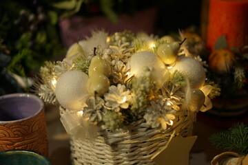 New Year Christmas tree toy, branches of a christmas tree, New Year decorations on a colored background. High quality photo