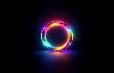 A glowing, multicolored, ring-shaped abstract art piece, with a dark background and a reflection.